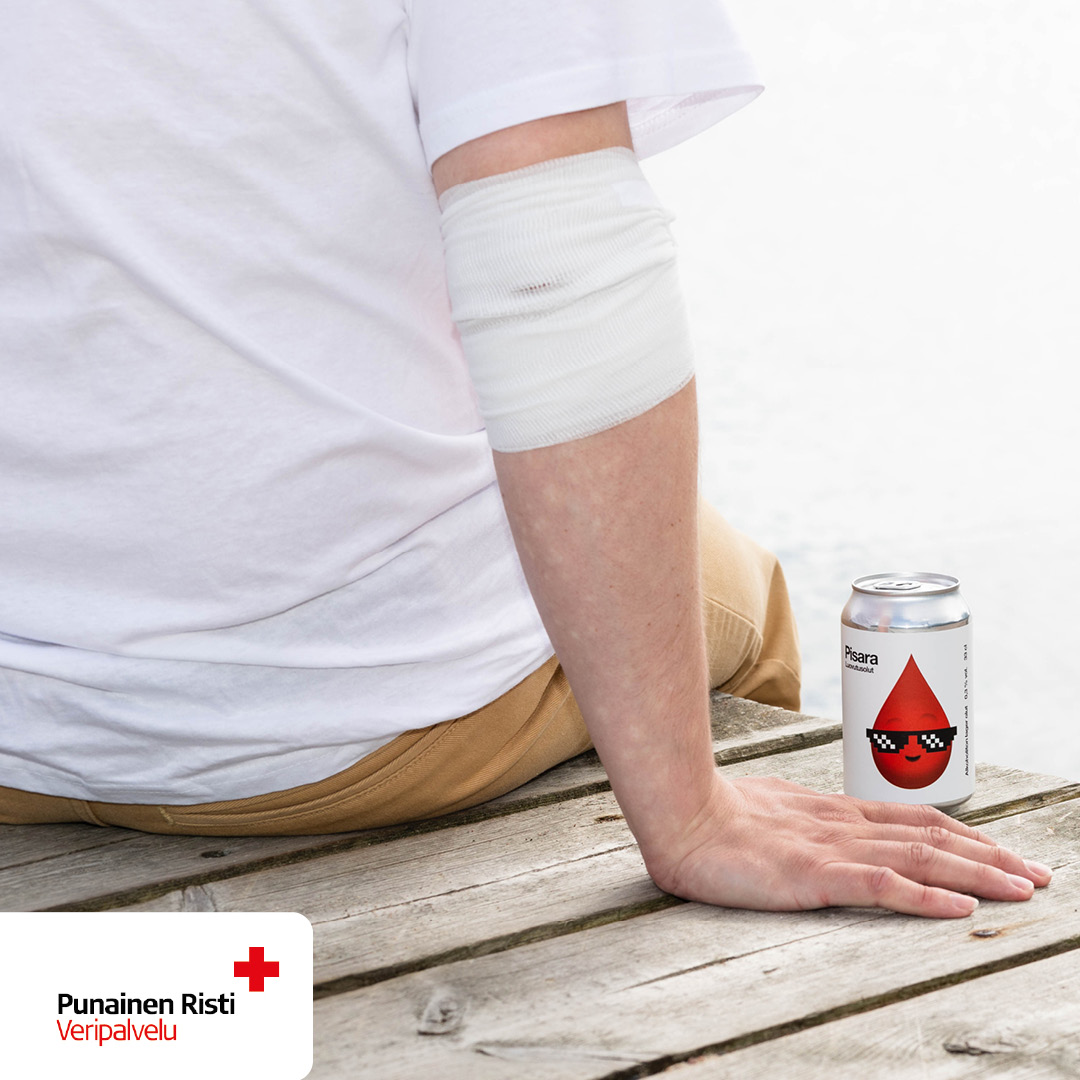 Suomen punaisen ristin verenluovutuksen mainoskuva.