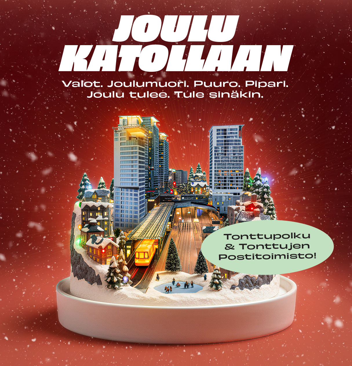 Joulukoristeeksi kuvitettu kauppakeskus redi